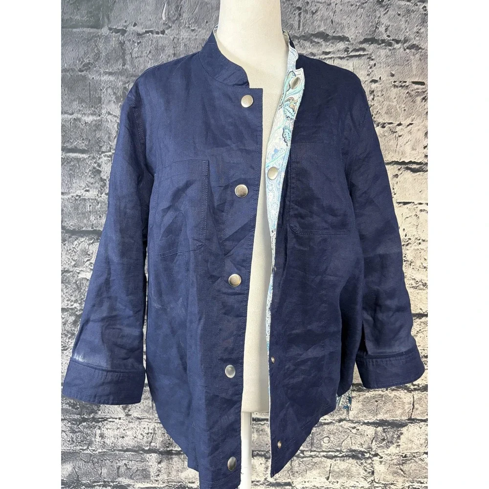 Chico's Jacket Womens 3 16/18 Reversible Linen Navy Paisley Patchwork Snap Front